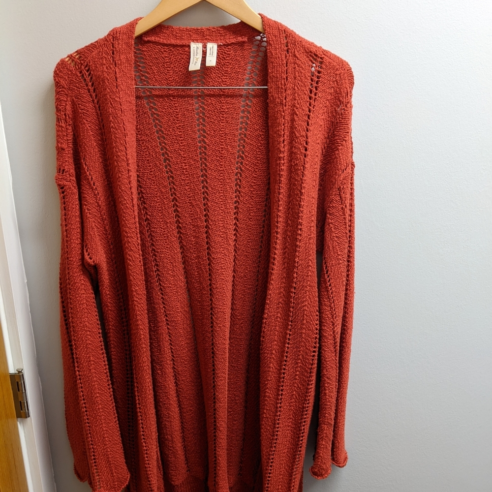 Meadow Rue Anthropologie Boho Sweater Priscilla Pointelle Cardigan M Rust Red